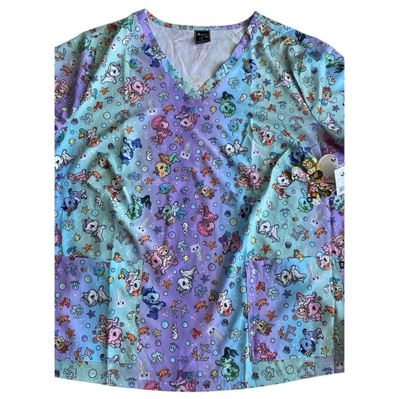 Tokidoki x Koi Scrub Top 3X Blowing Bubbles Leslie Print NWT - Picture 3 of 7